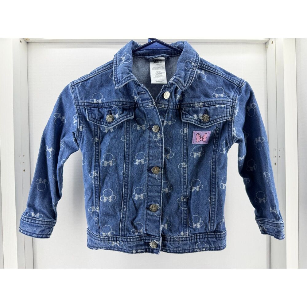 Disney Minnie Mouse Girls Denim Jacket Size 6 All Over Print Bow Blue Jean